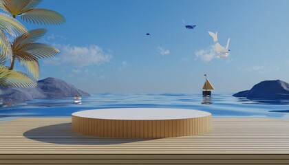 Obraz premium A beach-themed display featuring a circular podium and calm ocean waves