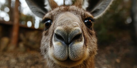 Fototapeta premium Ultra-close macro shot of a kangaroo’s face with detailed fur texture and expressive gaze under warm lighting
