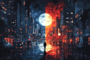 Obraz premium Pixelated Day-Night Split in Retro Video Game Scene with Copy Space | Illustration in Dynamic Silhouette Style