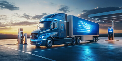 A hydrogen fuel cell semi-truck with an H2 gas cylinder on board next to a gas station. Green commercial vehicle concept