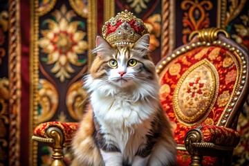 A Fluffy Calico Cat Wearing A Traditional Russian Kokoshnik Headdress, Perched Majestically On A Tapestry-Covered Chair Against A Backdrop Of Intricate Carvings And Gold Accents.