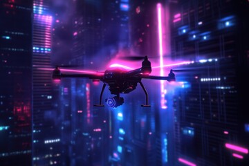 Obraz premium A futuristic drone emits a guiding beam of light as it flies through a dark