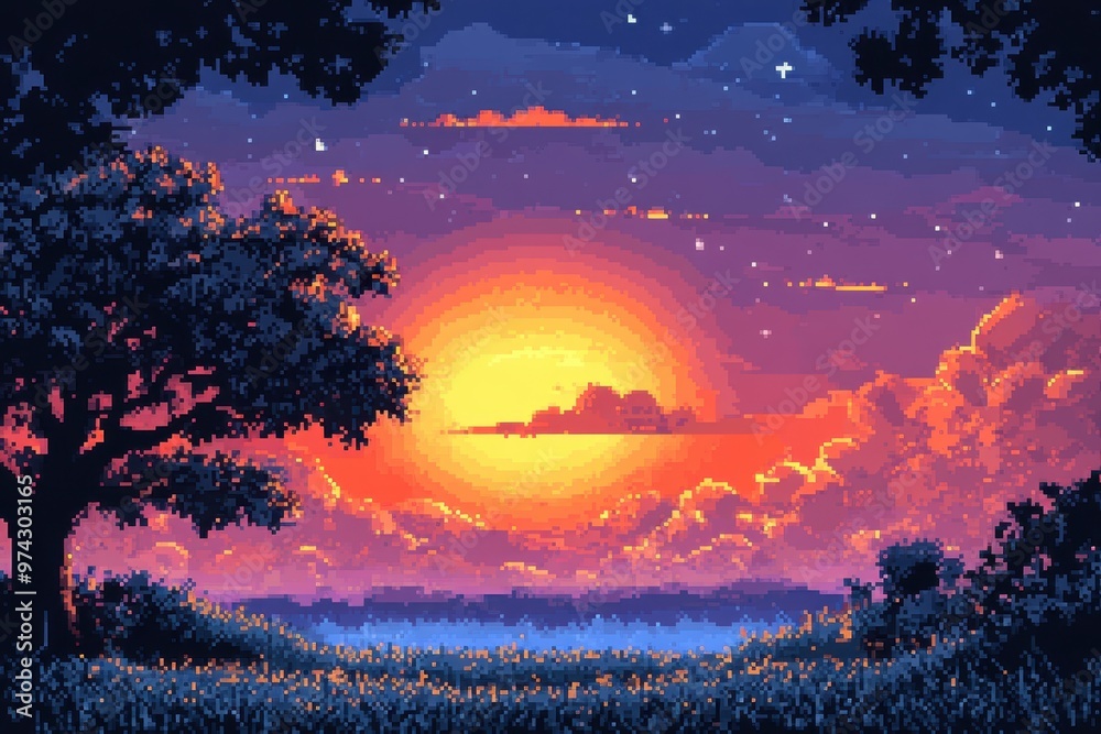 Wall mural Pixel Sun Over Serene 16-bit Game World with Ethereal Blend Mode Style, Offering Copy Space