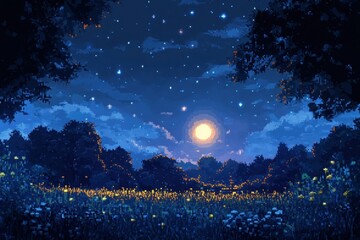 Naklejka premium Pixelated Night Sky with Minimalistic Ground in Surreal 8-Bit Fusion Landscape | Peaceful Starscape Background