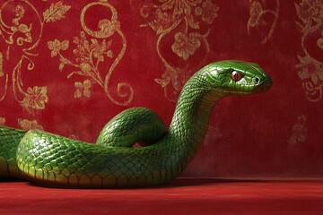 Fototapeta premium Traditional Wooden Green Snake Art on Ornate Red Background for Chinese Celebration Posters