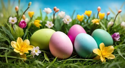 Fototapeta premium Easter background, colored easter eggs lying in the grass, field flowers, easter flowers background, fresh green spring Easter background with painted eggs on a green grass