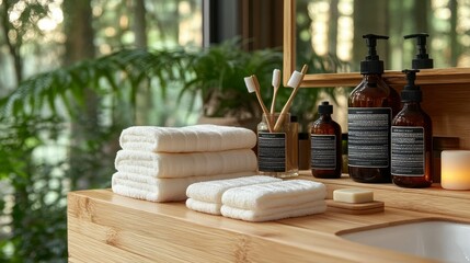 A serene bathroom setting with towels, toiletries, and greenery for relaxation and self-care.