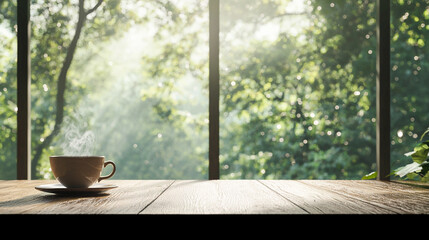 Coffee cup on a wooden table during breakfast