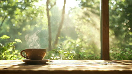 Coffee cup on a wooden table during breakfast