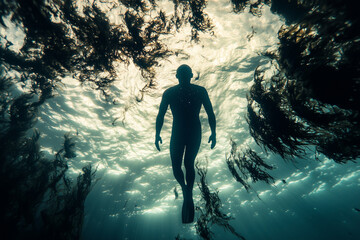 Fototapeta premium Silhouette of a Diver Immersed in the Deep Ocean, Exploring Marine Wonders