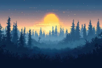 Fototapete Wald im Nebel Pixelated Forest Adventure - Whimsical Day and Night Scene in Retro Game Style with Wildlife and Copy Space  © ST22Studio