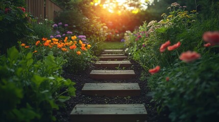 A serene garden path lined with colorful flowers, leading into a sunset-lit landscape.