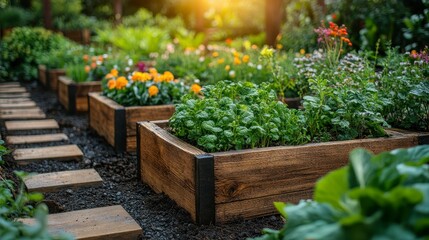 A serene garden with wooden planters filled with vibrant flowers and herbs.