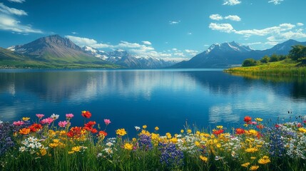 A serene lake surrounded by vibrant flowers and majestic mountains under a clear blue sky.