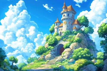 Enchanting Pixelated Castle in a Vibrant Fantasy World - Peaceful Adventure Game Setting with Copy Space