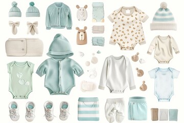 A collection of adorable baby clothes and accessories in soft pastel colors, perfect for newborns and infants.