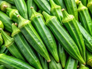 Obraz premium Close-Up Shot Of The Fresh Green Pods Of Lady Finger Fruit, Showing Their Ridges And Pointed Tips