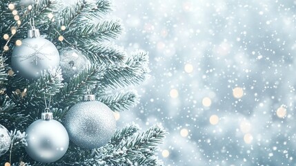 Fototapeta premium A beautifully decorated Christmas tree adorned with silver ornaments in a snowy winter setting during the festive season