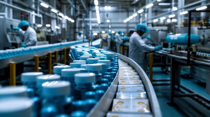 Fototapeta premium Modern factory production line with blue bottles and workers in white coats. Efficient manufacturing in action.
