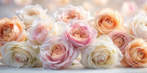 Delicate, soft-petaled light roses in varying shades of pale pink and peach blooms against a soft, dreamy white background with subtle texture.