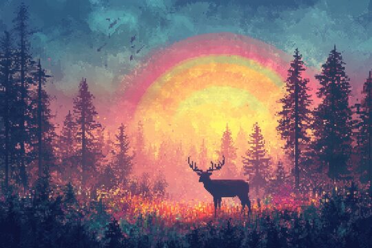 Retro Pixel Landscape with Rainbow and Wildlife, Ethereal Blend Mode Finish for Copy Space