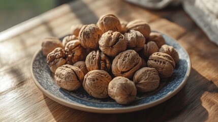 Close Up of Walnuts on a Blue and White Plate