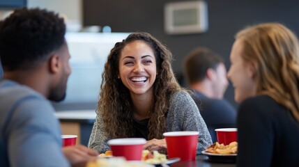 Diverse Team Bonding Over Lunch in Relaxed Break Room Atmosphere