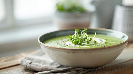 A vibrant green pea soup with crème fraîche and microgreens.