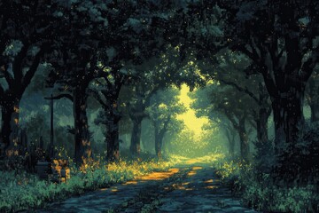 Fototapeta premium Enchanted Pixelated Forest Adventure with Wildlife in Double Exposure Style