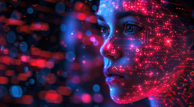 AI Artificial intelligence cyber. Futuristic AI abstract design, intricate circuitry pattern. AI Robot face, virtual human, virtual character, digital clone, machine learning. Realistic photo