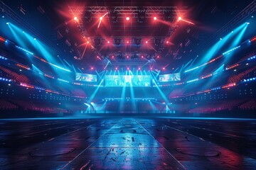 Fototapeta premium A futuristic stage illuminated with blue and red spotlights, ready for a performance or event.