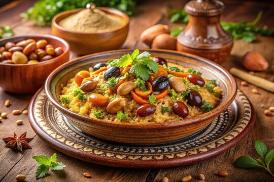 Freshly prepared Moroccan Azifa dish with toasted almonds, olives, and aromatic spices, garnished with fresh parsley, on a traditional ceramic plate, against a warm earthy backdrop.