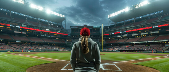 A woman stands on a baseball field, looking out at the stadium