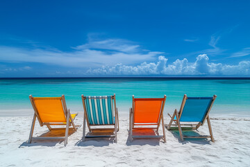 Vibrant Beach Chairs on a Tropical Shore with Stunning Ocean Views