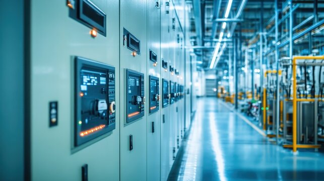Modern Industrial Electrical Control Room with Switchgear Panels