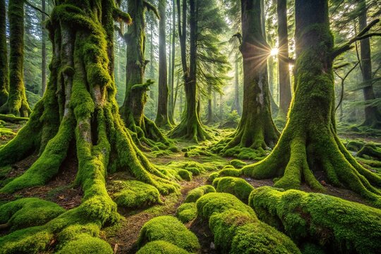 Lush green seta moss densely covers ancient tree trunks and forest floor, casting dappled shadows in misty, serene, and mystical temperate rainforest environments.