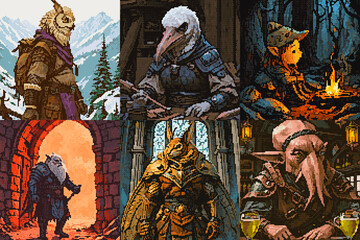 Naklejka premium In nature and out and about portraits of clandestine operators, Pixel art style fantasy character grid