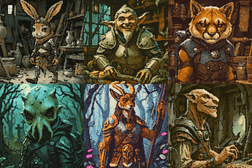 Obraz premium Characters seeking their fortune with any means necessary, Pixel art style fantasy character grid