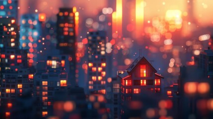 Fototapeta premium A mesmerizing sunset view over a cityscape with glowing lights and a cozy home. Evening magic in an urban setting.