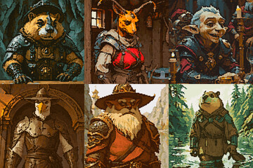 Obraz premium Spies and detractors, Pixel art style fantasy character grid