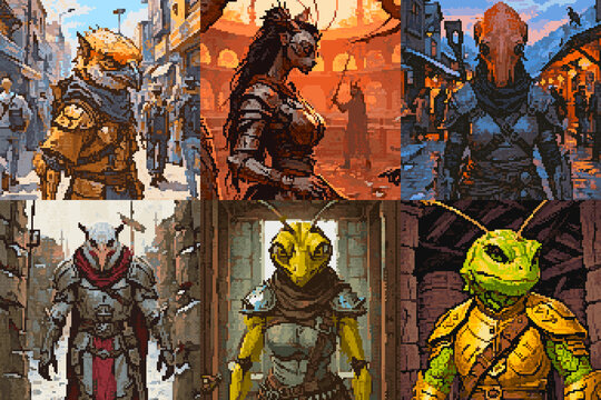 Archenemy of order, Portraits of adventurers, Pixel art style fantasy character grid