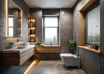 Modern, compact bathroom with dark grey walls, sleek fixtures, and a minimalist aesthetic, illuminated by soft, warm lighting through a small window above.