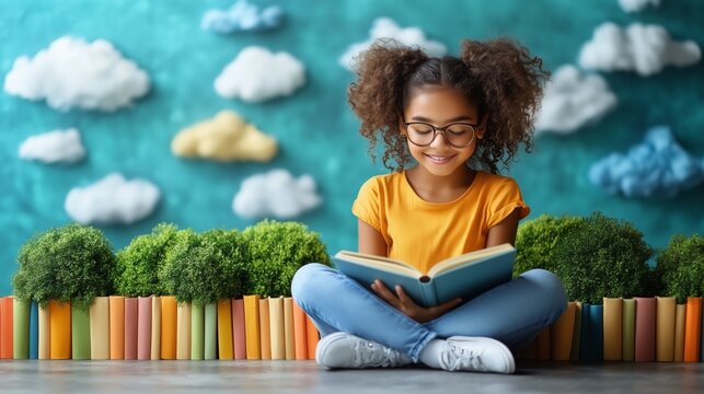 A creative representation of child education showing a young reader engrossed in a book, sitting cross-legged between rows of colorful books