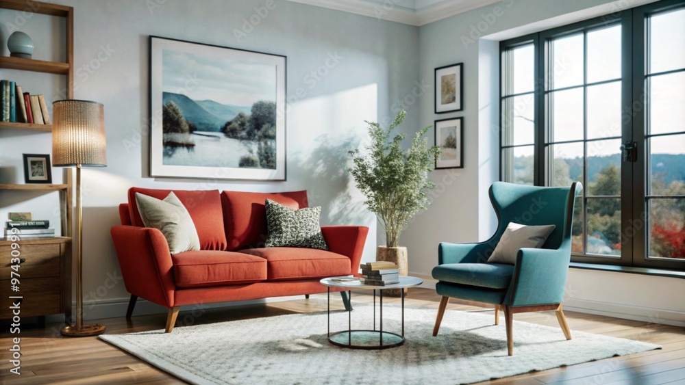 Wall mural Scandinavian interior design of modern living room with accent red armchair and frame on wall.
