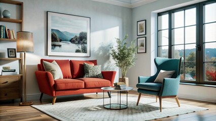 Scandinavian interior design of modern living room with accent red armchair and frame on wall.
