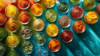 A vibrant display of spices in glass jars, arranged in a colorful pattern on a blue background.