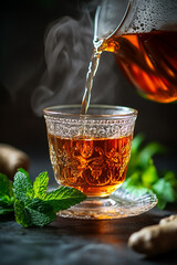 Turkish black tea is poured into a glass cup, mint leaves and ginger on a dark table background.