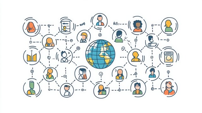 Global Social Connections thin line icon set. Containing globe, global network, cross-border friendship, international social media, virtual meetup, world map, cultural exchange