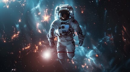 Fototapeta premium An astronaut floats in space, surrounded by swirling nebulae and distant stars. A sense of wonder and exploration fills the image.
