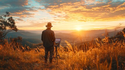 Artist Painting Sunset Landscape with Mountain Views